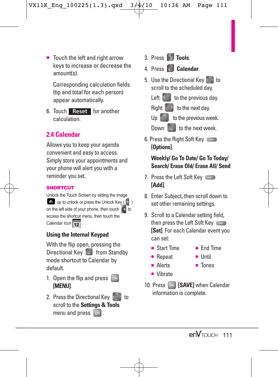 4 calendar | LG VX11000 User Manual | Page 113 / 398