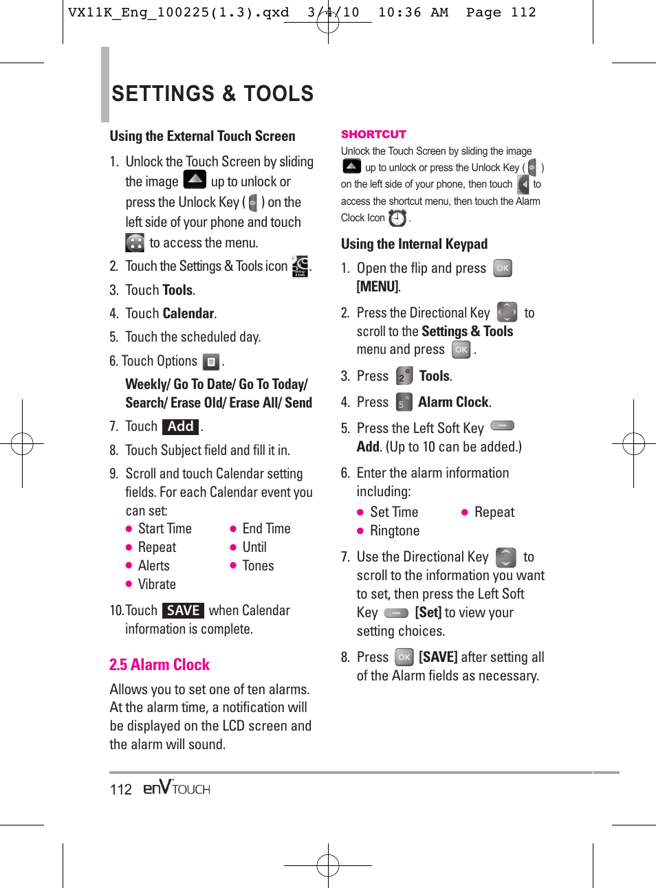 Settings & tools, 5 alarm clock | LG VX11000 User Manual | Page 114 / 398