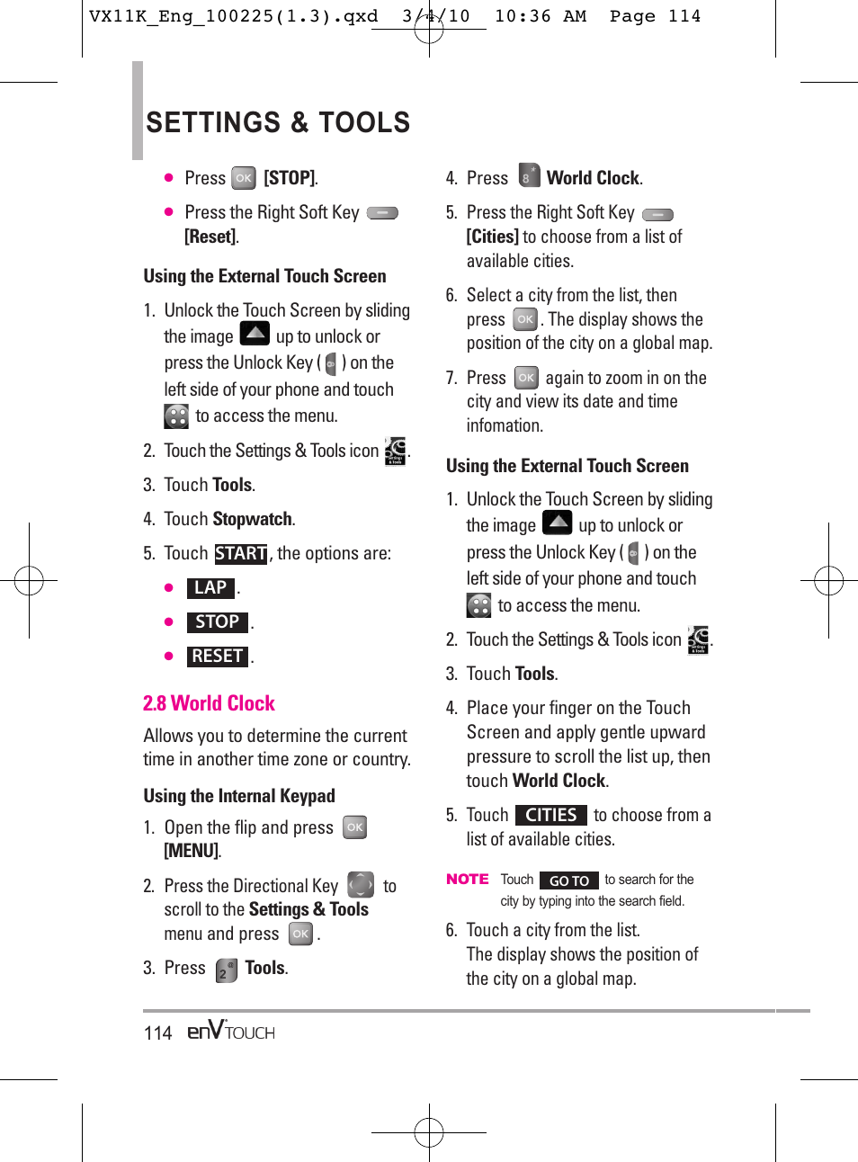 Settings & tools, 8 world clock | LG VX11000 User Manual | Page 116 / 398