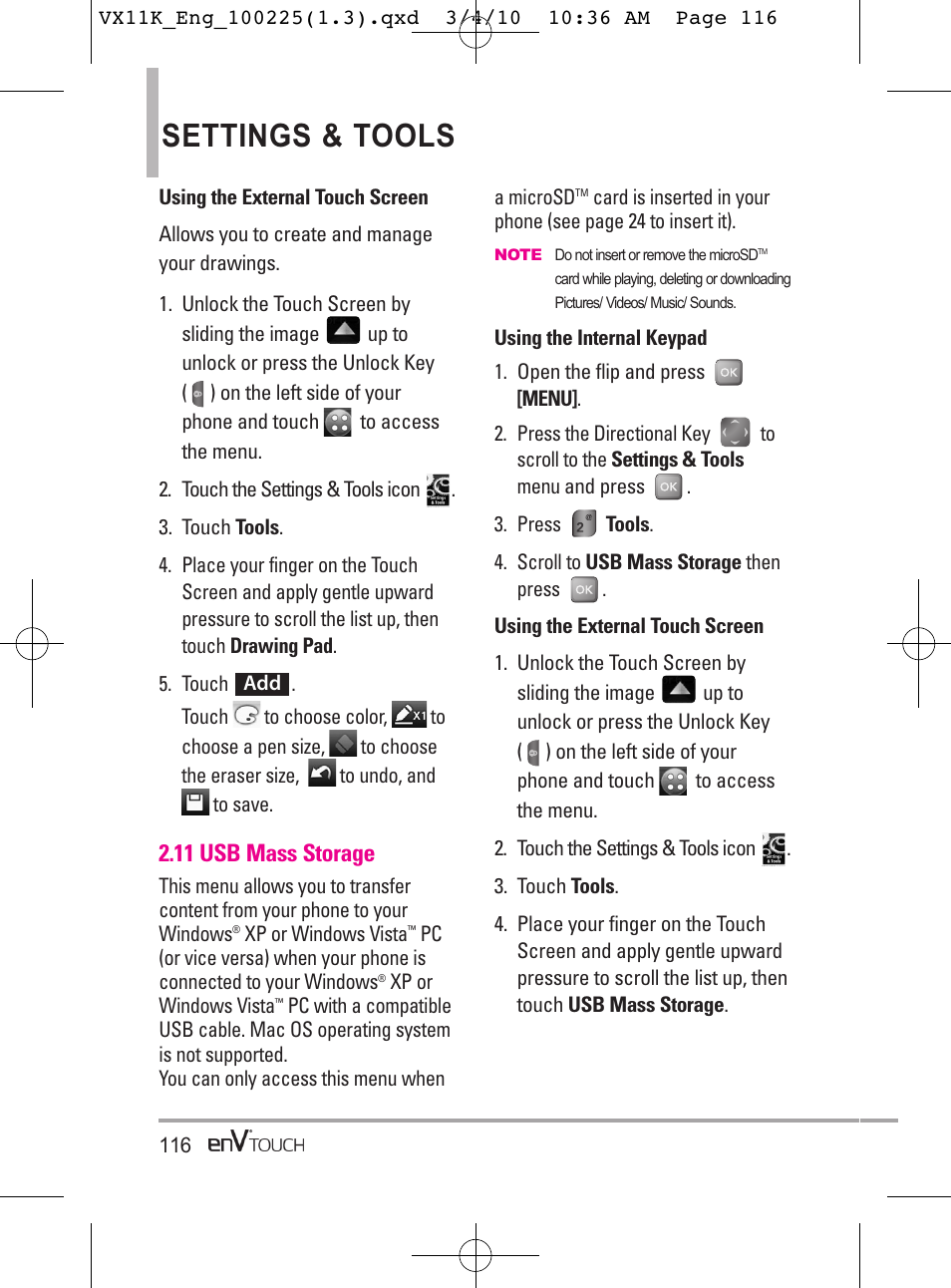 Settings & tools, 11 usb mass storage | LG VX11000 User Manual | Page 118 / 398