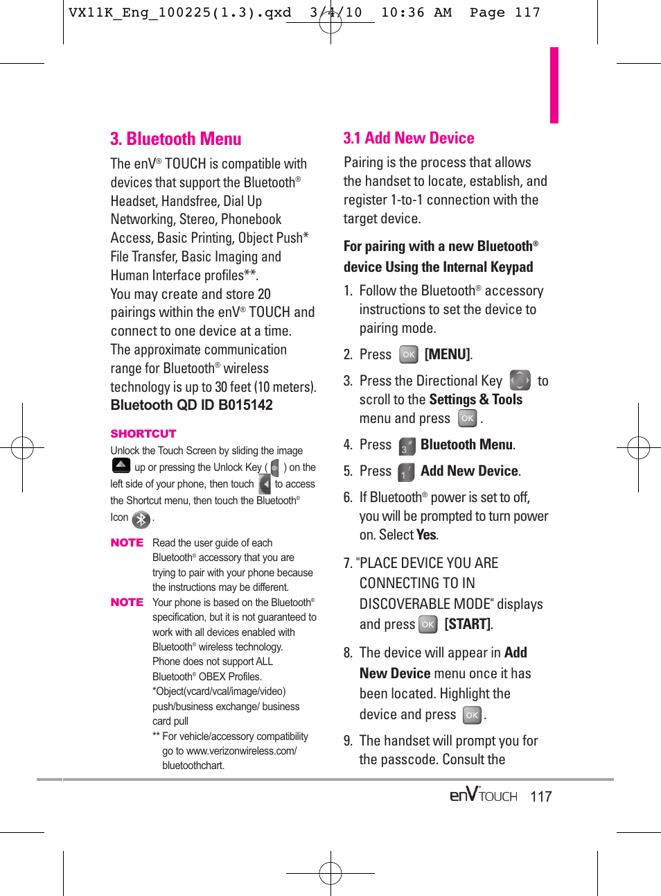Bluetooth menu, 1 add new device | LG VX11000 User Manual | Page 119 / 398