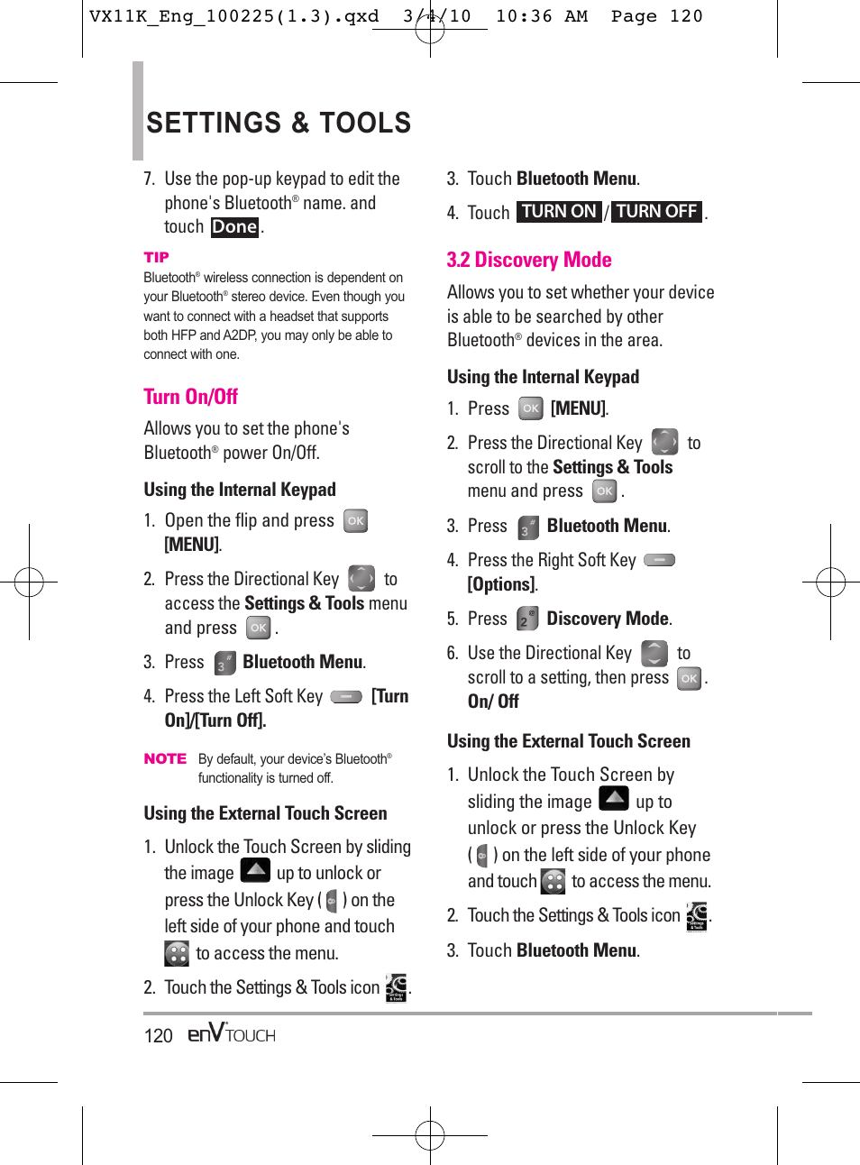 Settings & tools, Turn on/off, 2 discovery mode | LG VX11000 User Manual | Page 122 / 398