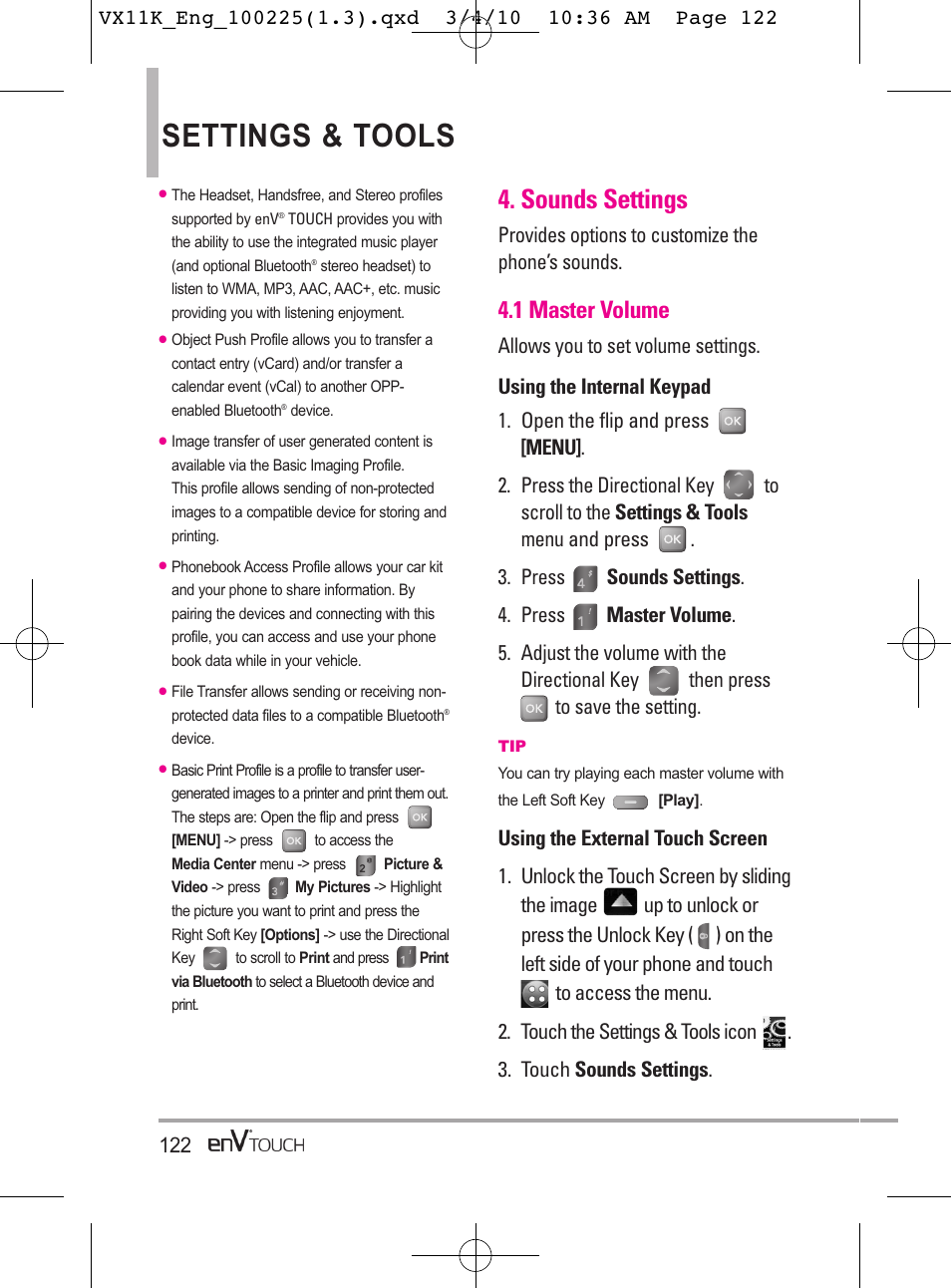 Settings & tools, Sounds settings, 1 master volume | Provides options to customize the phone’s sounds | LG VX11000 User Manual | Page 124 / 398