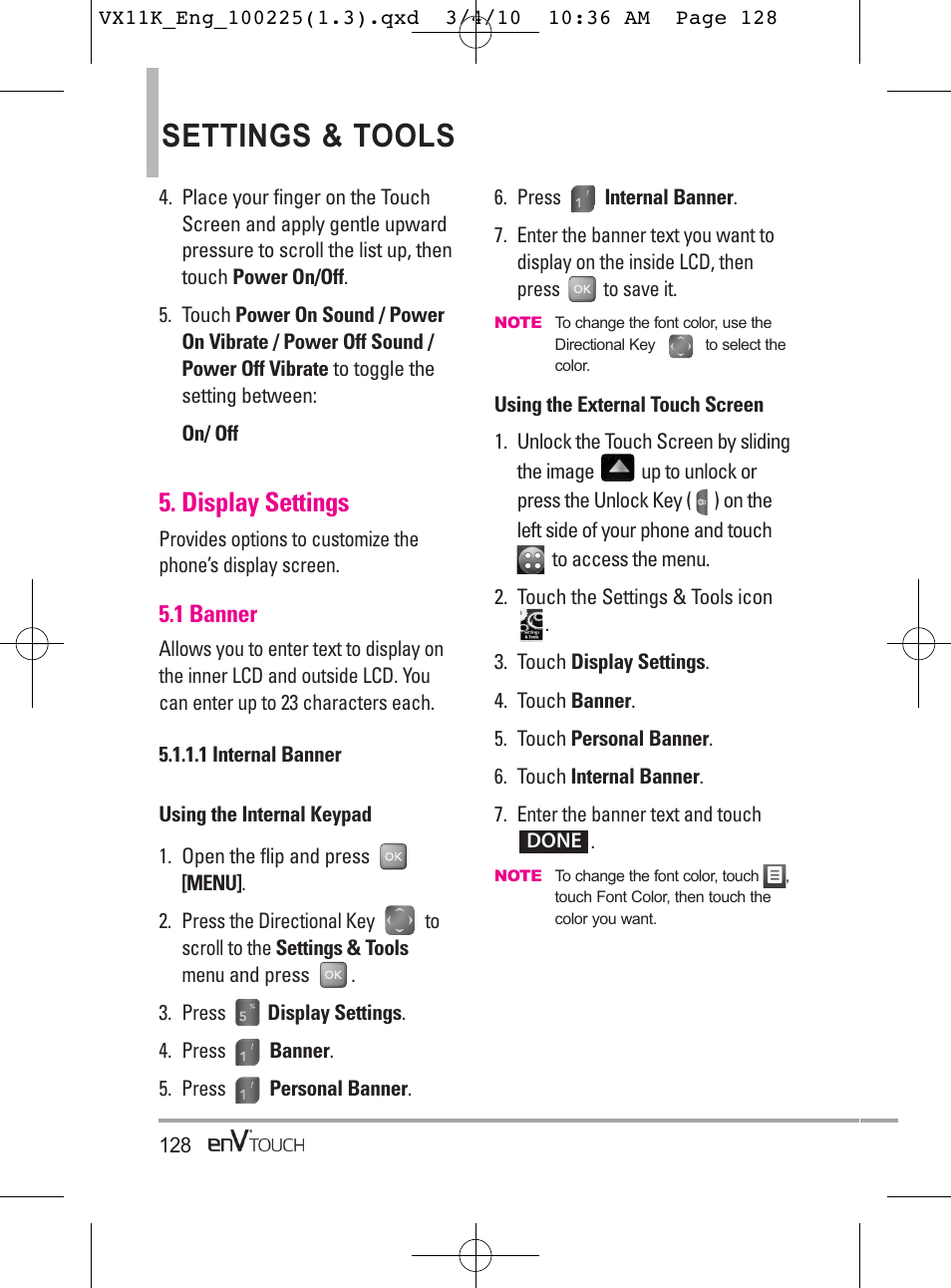 Settings & tools, Display settings | LG VX11000 User Manual | Page 130 / 398