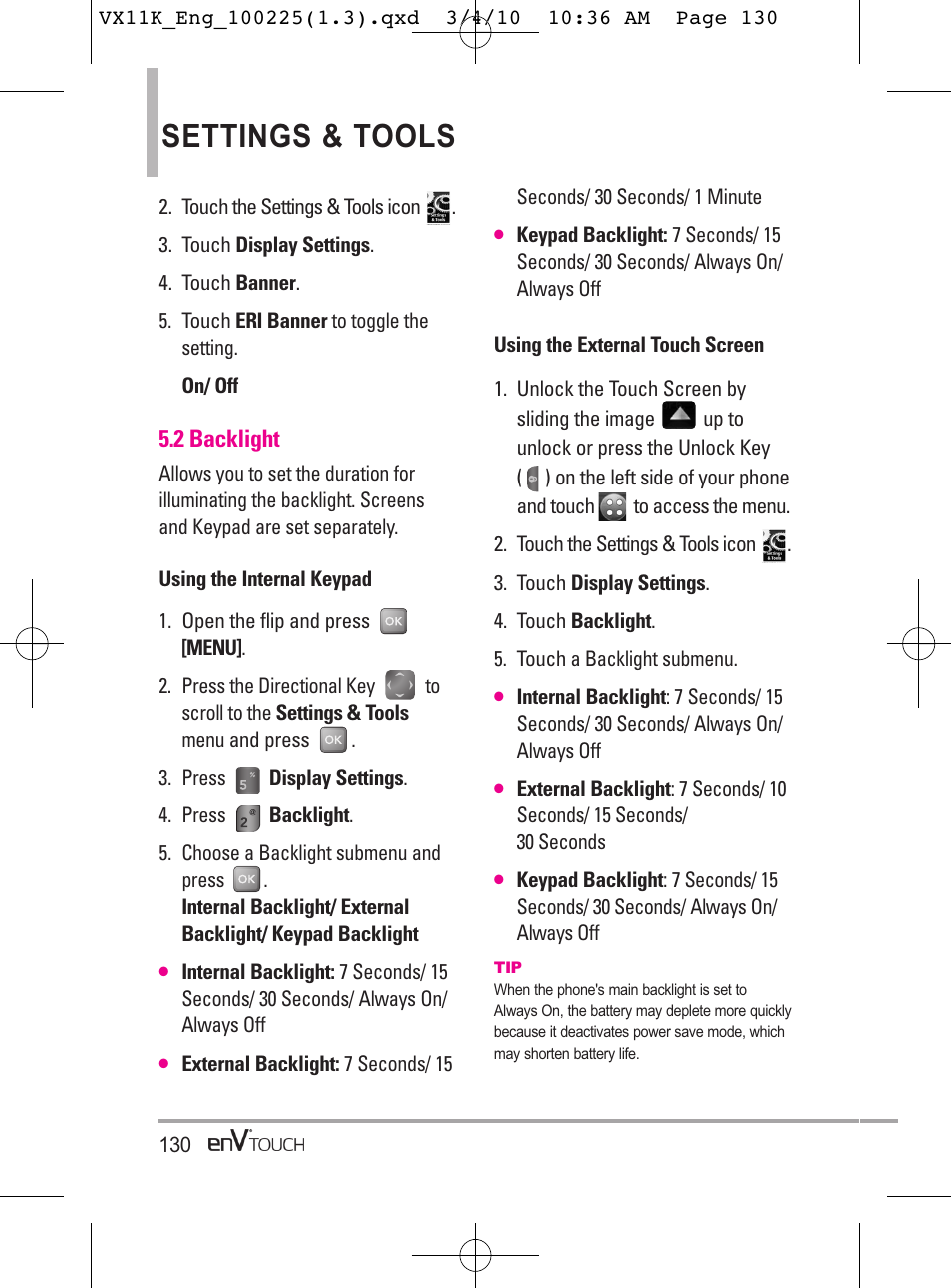 Settings & tools, 2 backlight | LG VX11000 User Manual | Page 132 / 398