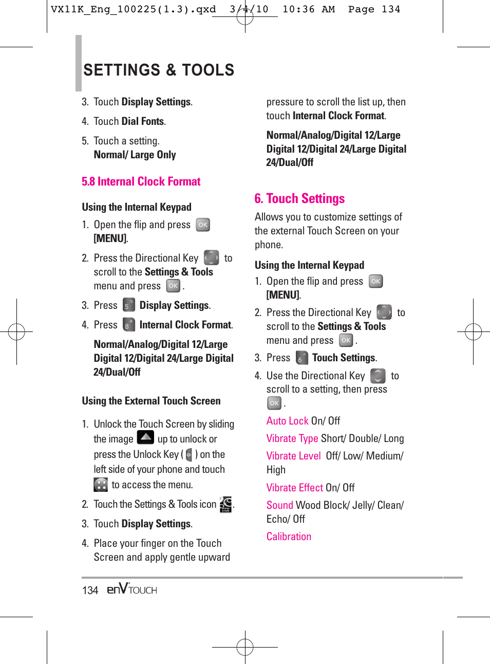 Settings & tools, Touch settings | LG VX11000 User Manual | Page 136 / 398