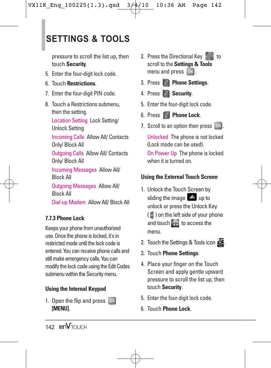 Settings & tools | LG VX11000 User Manual | Page 144 / 398