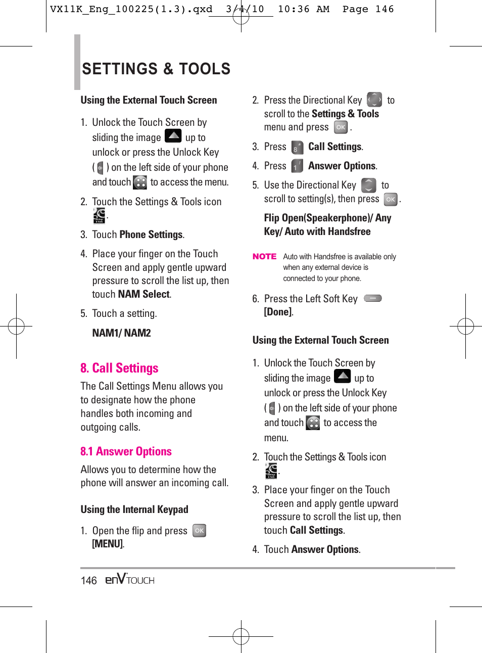 Settings & tools, Call settings | LG VX11000 User Manual | Page 148 / 398