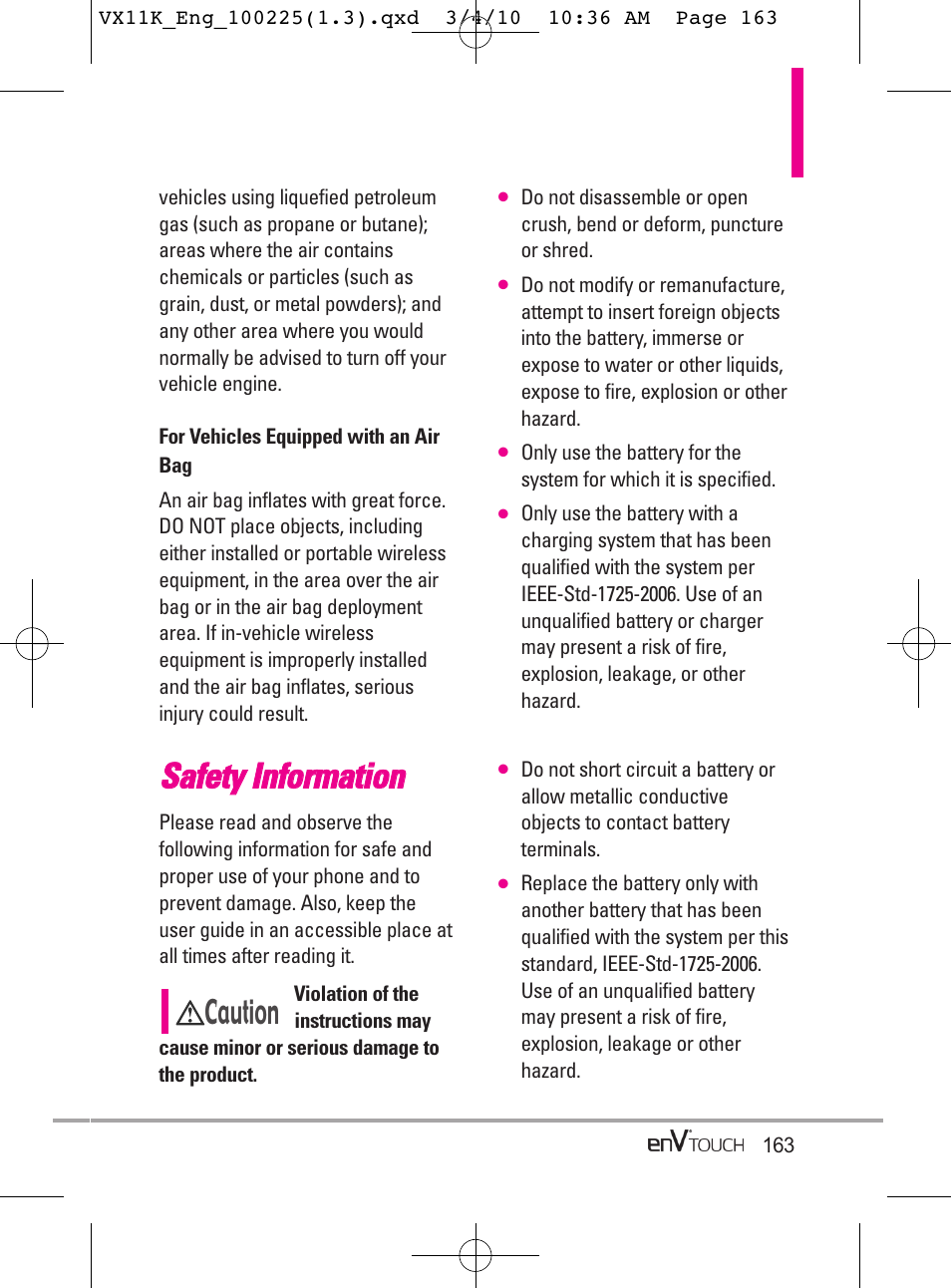 Ssa affe ettyy iin nffo orrm ma attiio on n, Caution | LG VX11000 User Manual | Page 165 / 398