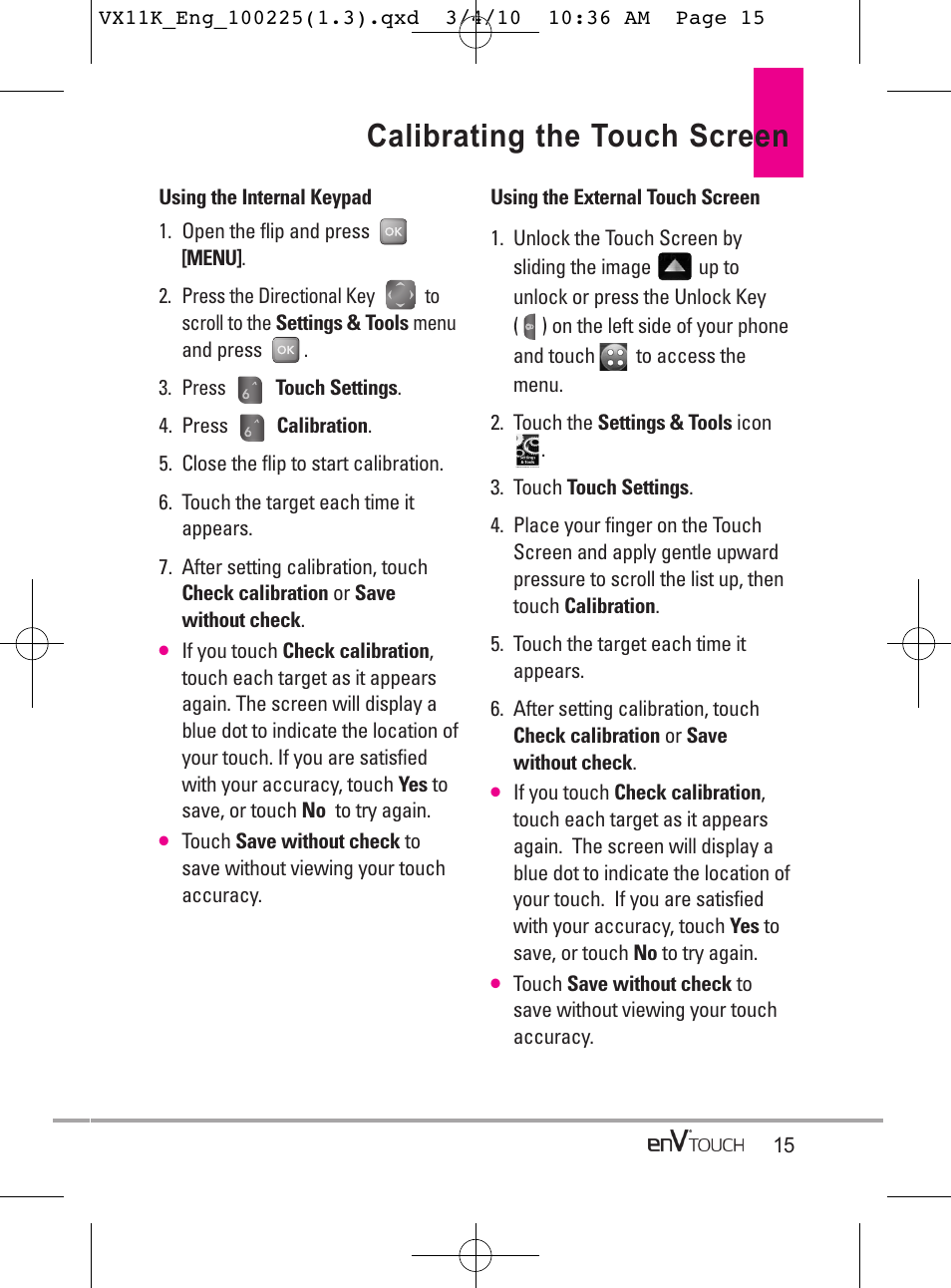 Calibrating the touch screen | LG VX11000 User Manual | Page 17 / 398