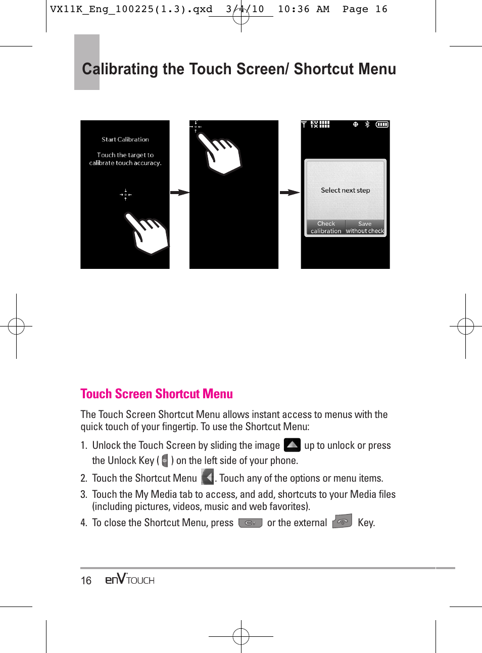 Calibrating the touch screen/ shortcut menu, Touch screen shortcut menu | LG VX11000 User Manual | Page 18 / 398