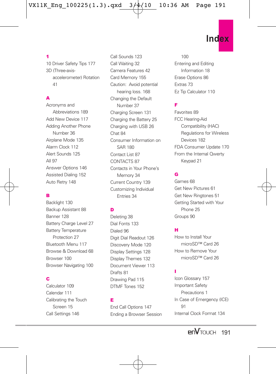 Index | LG VX11000 User Manual | Page 193 / 398