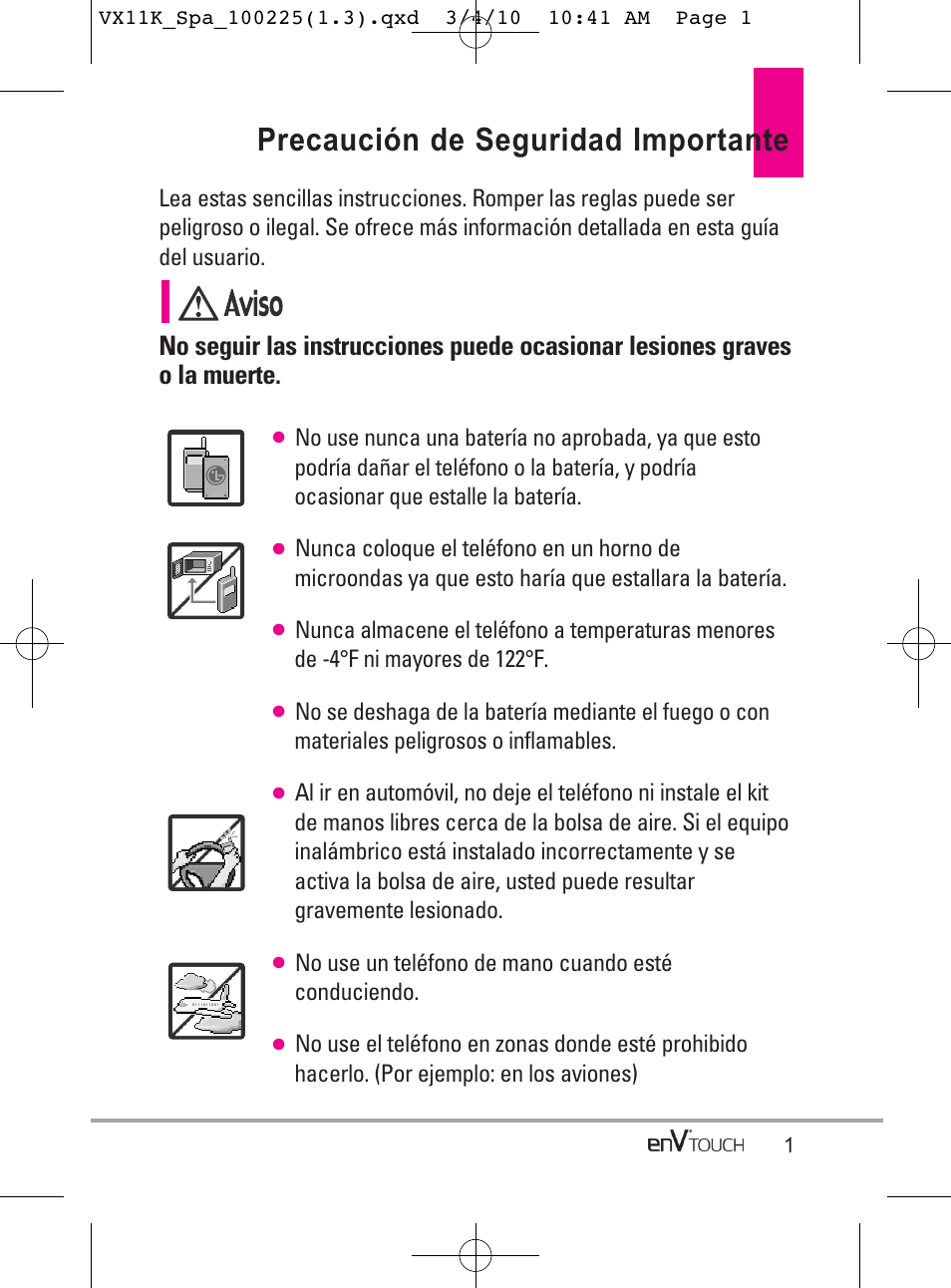 Precaución de seguridad importante | LG VX11000 User Manual | Page 199 / 398