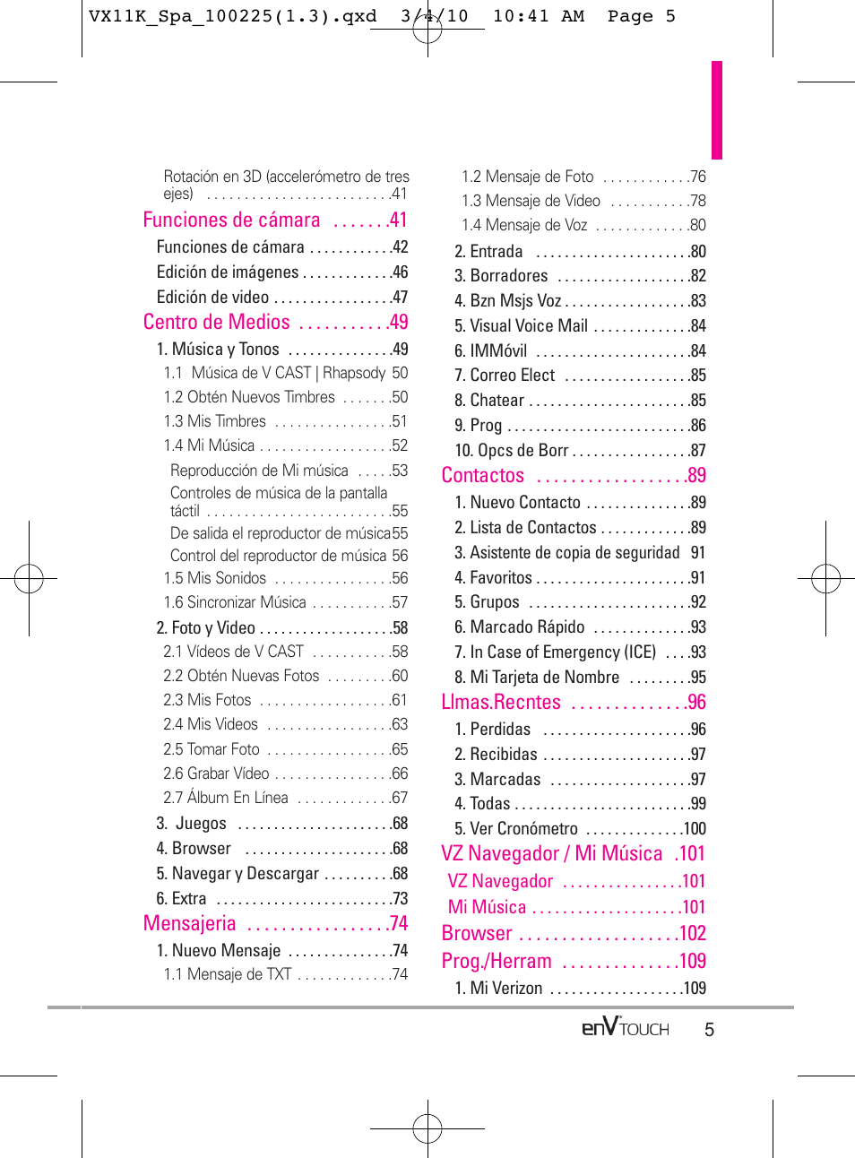 Funciones de cámara, Centro de medios, Mensajeria | Contactos, Llmas.recntes, Vz navegador / mi música .101, Browser prog./herram | LG VX11000 User Manual | Page 203 / 398