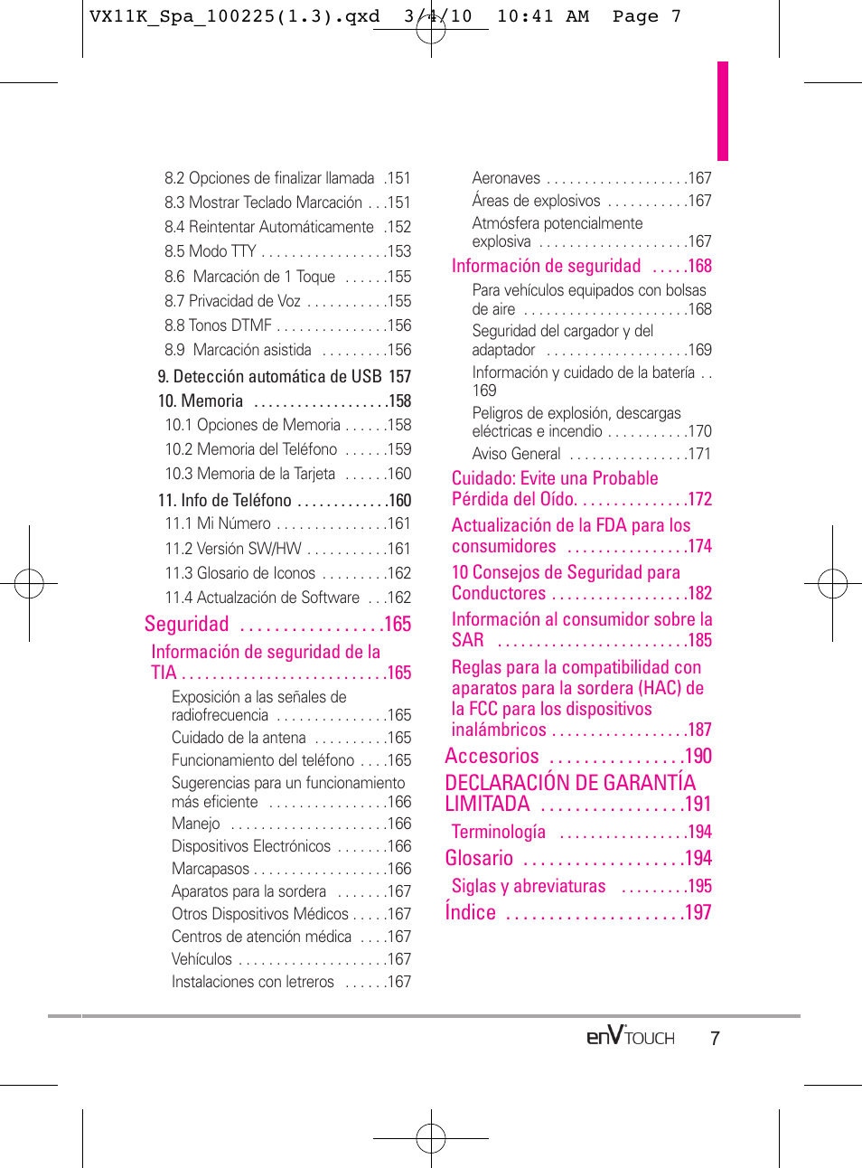 Seguridad, Accesorios declaración de garantía limitada, Glosario | Índice | LG VX11000 User Manual | Page 205 / 398