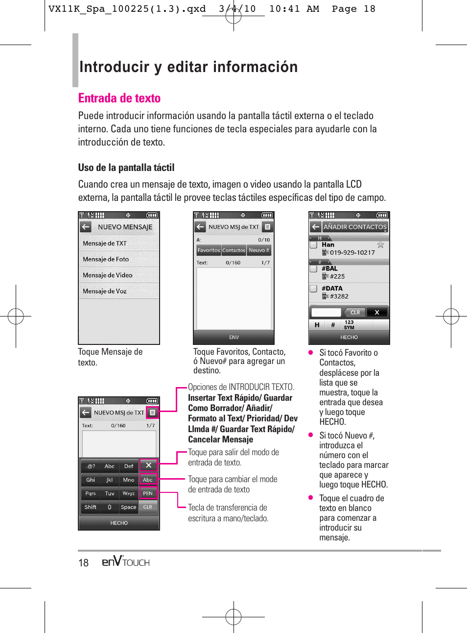 Introducir y editar información, Entrada de texto | LG VX11000 User Manual | Page 216 / 398