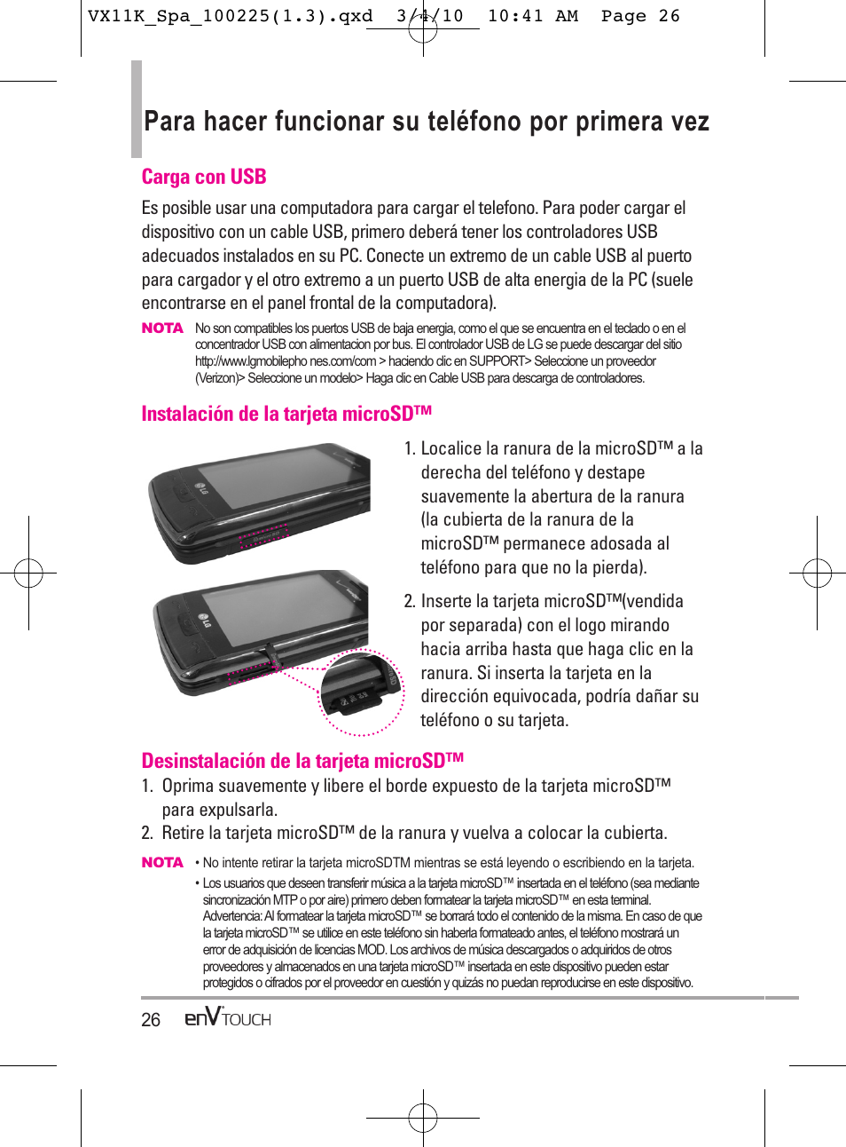 Para hacer funcionar su teléfono por primera vez, Carga con usb, Instalación de la tarjeta microsd | Desinstalación de la tarjeta microsd | LG VX11000 User Manual | Page 224 / 398