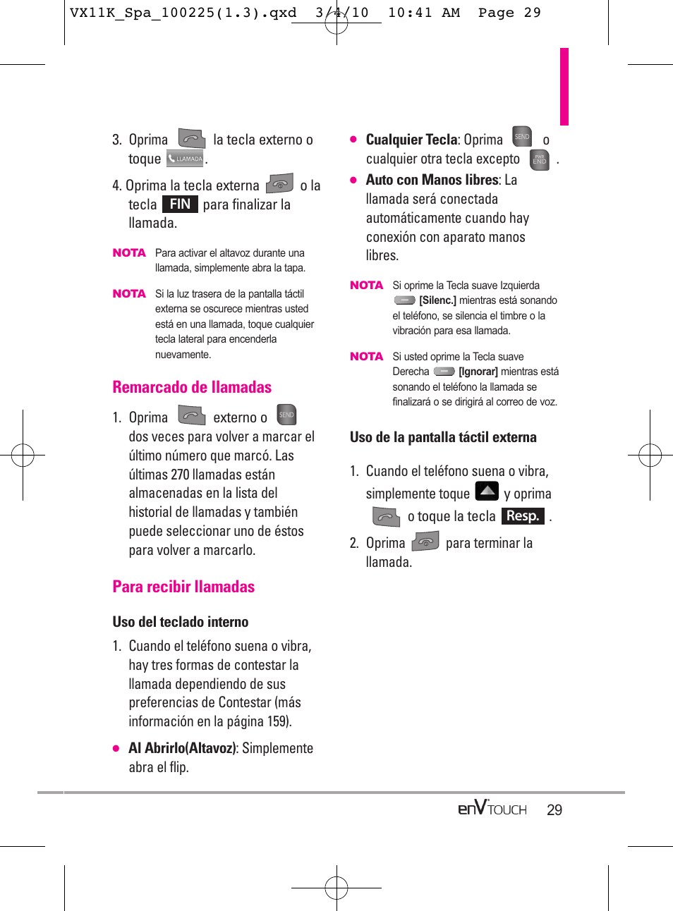 Remarcado de llamadas, Para recibir llamadas | LG VX11000 User Manual | Page 227 / 398