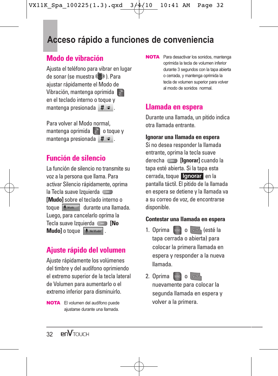 Acceso rápido a funciones de conveniencia, Modo de vibración, Función de silencio | Ajuste rápido del volumen, Llamada en espera | LG VX11000 User Manual | Page 230 / 398