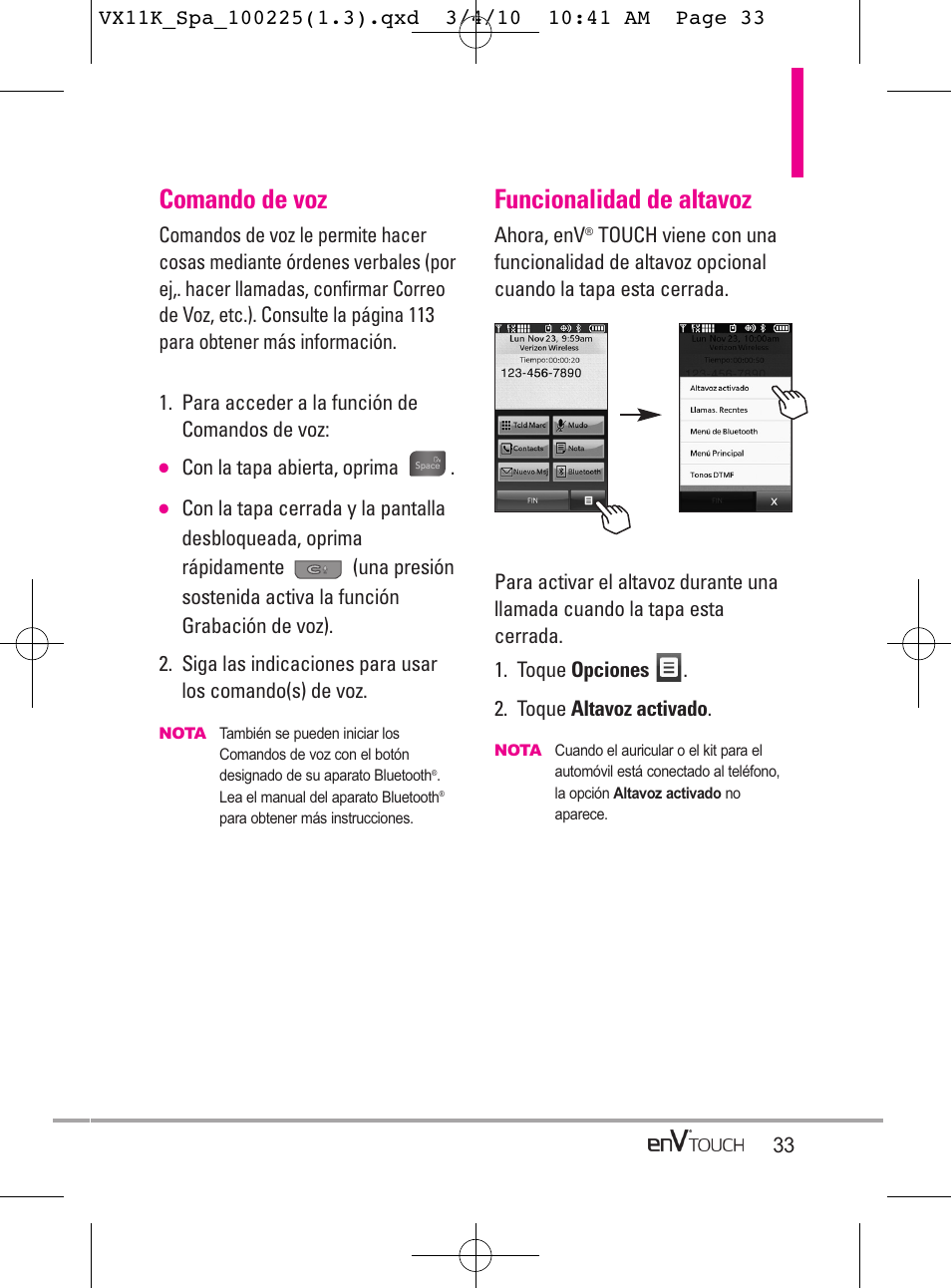 Comando de voz, Funcionalidad de altavoz | LG VX11000 User Manual | Page 231 / 398