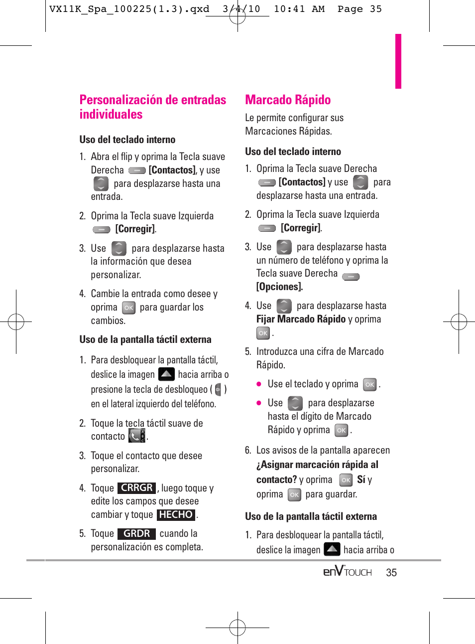 Personalización de entradas individuales, Marcado rápido | LG VX11000 User Manual | Page 233 / 398