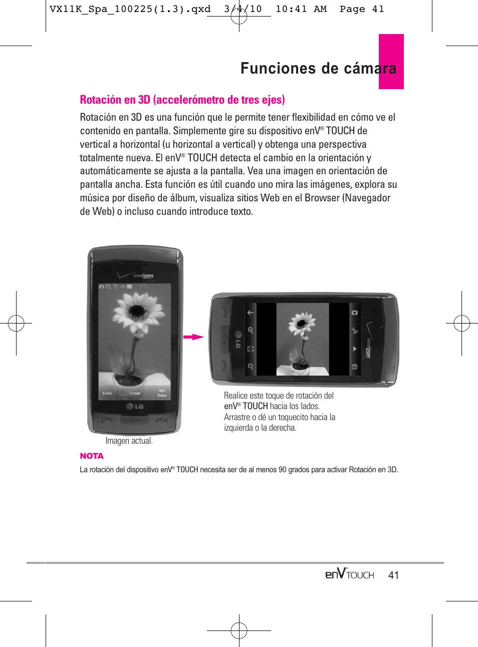 Funciones de cámara, Rotación en 3d (accelerómetro de tres ejes) | LG VX11000 User Manual | Page 239 / 398