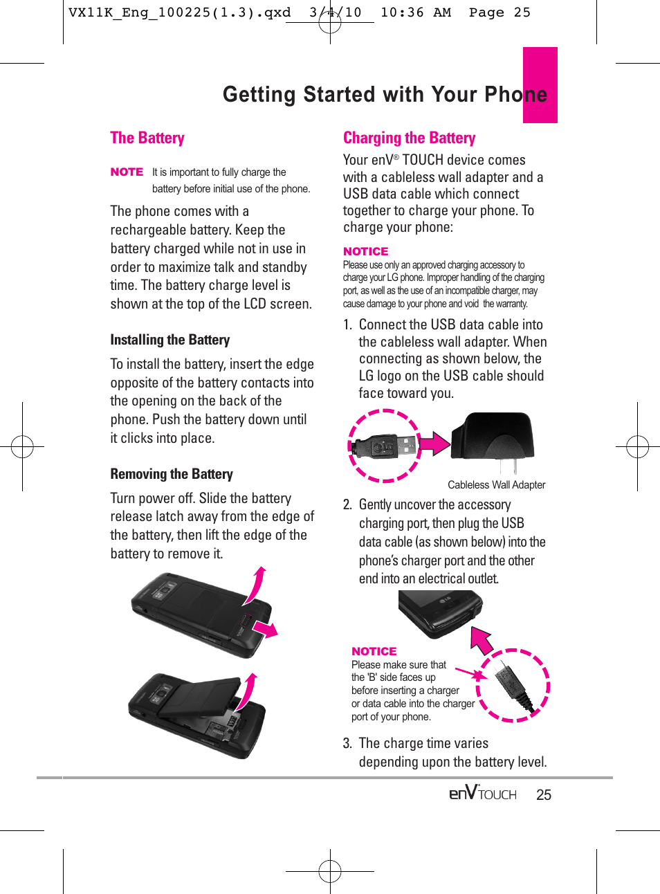 Getting started with your phone, The battery, Charging the battery | LG VX11000 User Manual | Page 27 / 398