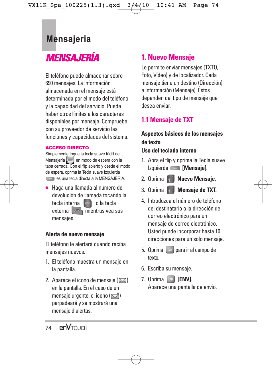 Mme en ns sa aj je er ríía a, Mensajeria | LG VX11000 User Manual | Page 272 / 398