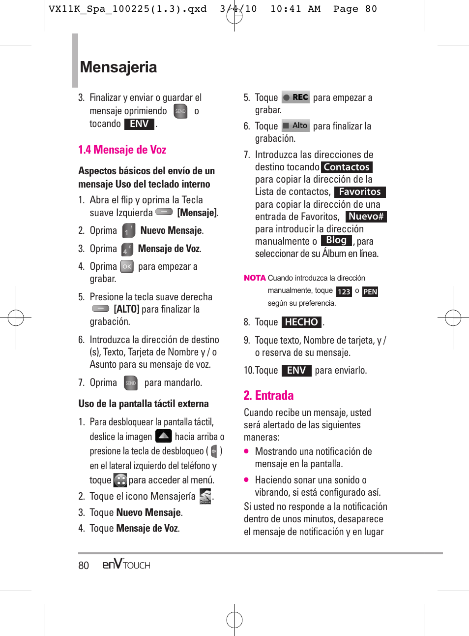 Mensajeria, Entrada | LG VX11000 User Manual | Page 278 / 398