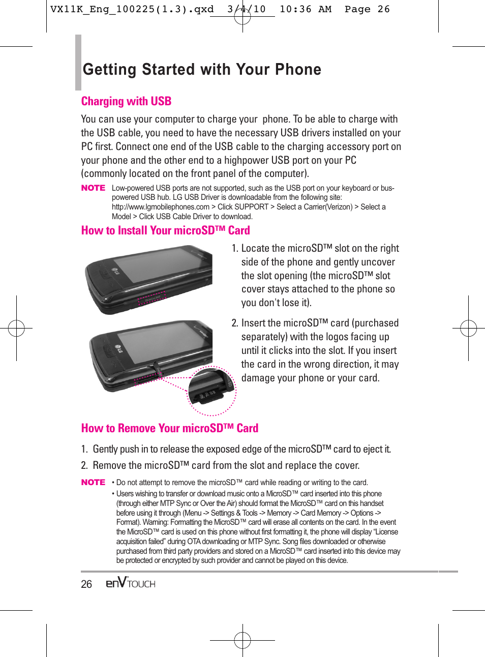 Getting started with your phone, How to install your microsd™ card, How to remove your microsd™ card | Charging with usb | LG VX11000 User Manual | Page 28 / 398