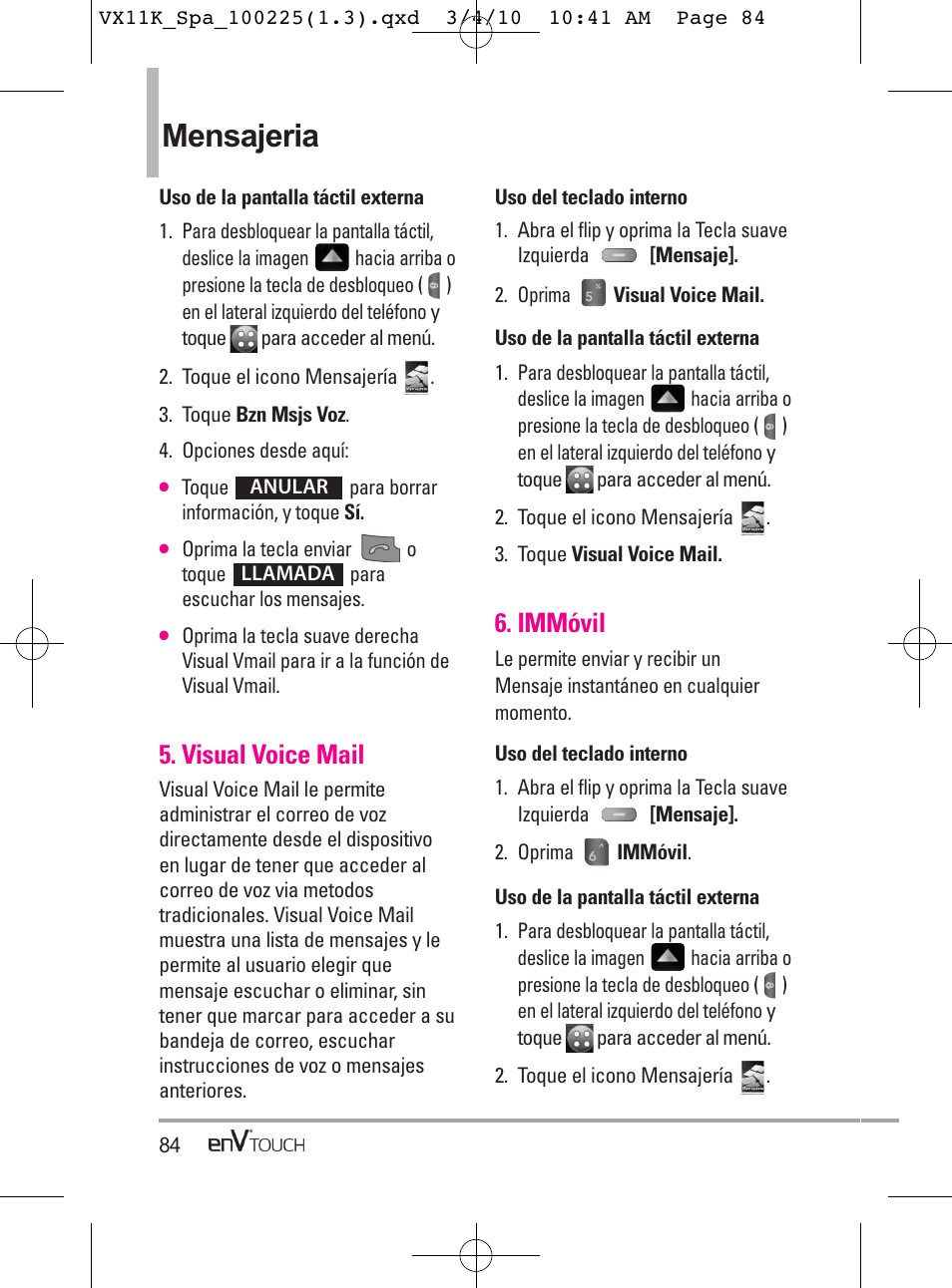 Mensajeria, Visual voice mail, Immóvil | LG VX11000 User Manual | Page 282 / 398