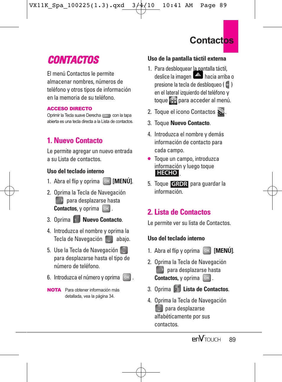 Cco on nt ta ac ct to os s, Contactos | LG VX11000 User Manual | Page 287 / 398