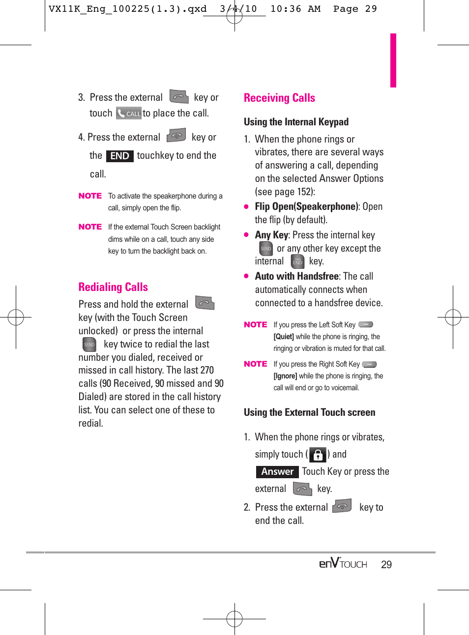 Redialing calls, Receiving calls | LG VX11000 User Manual | Page 31 / 398