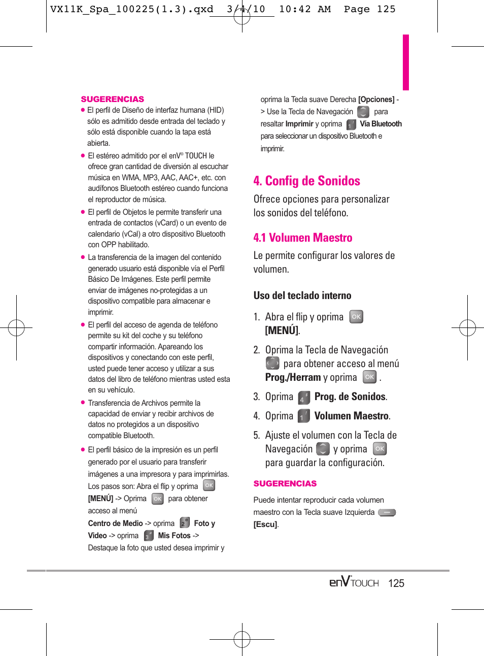 Config de sonidos, 1 volumen maestro | LG VX11000 User Manual | Page 323 / 398