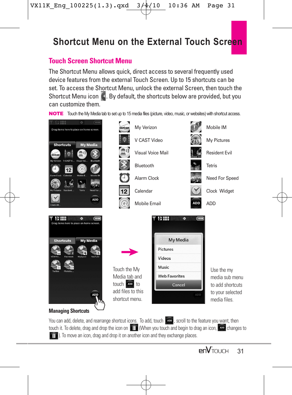 Shortcut menu on the external touch screen, Touch screen shortcut menu | LG VX11000 User Manual | Page 33 / 398