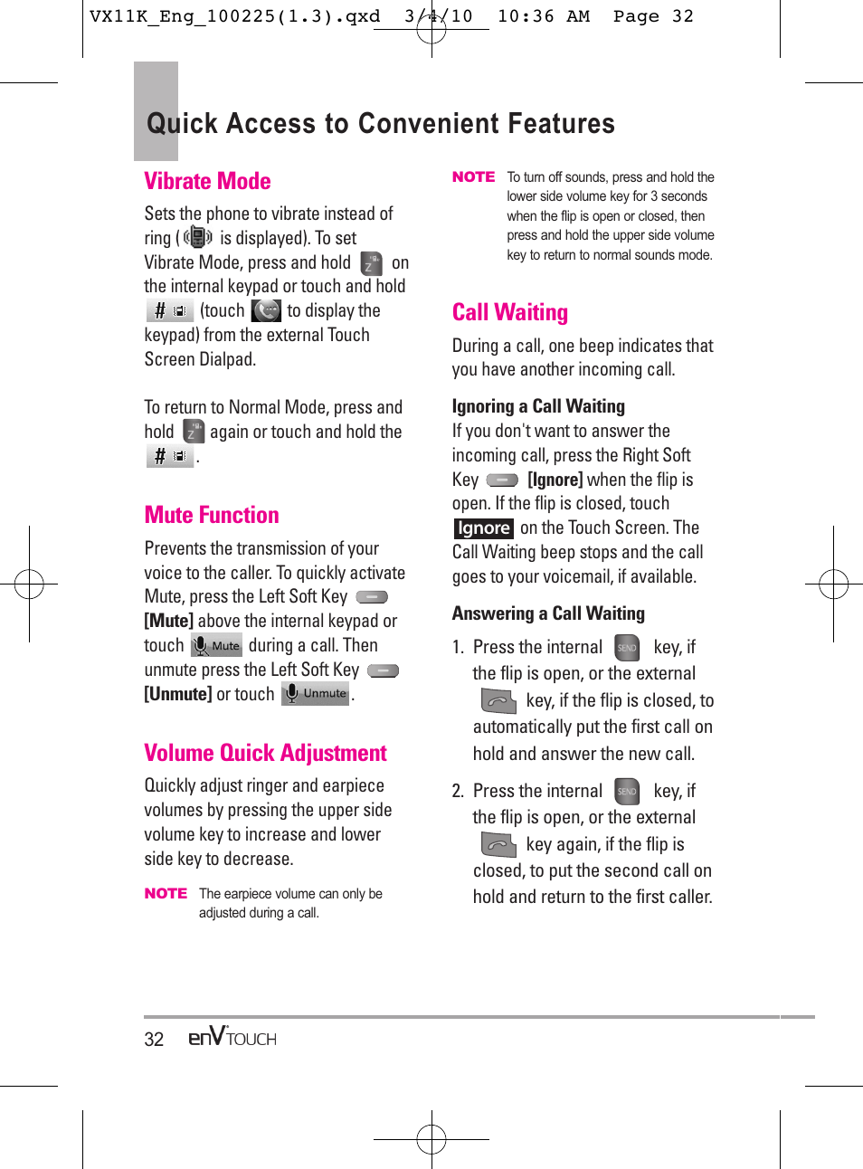 Quick access to convenient features, Vibrate mode, Mute function | Volume quick adjustment, Call waiting | LG VX11000 User Manual | Page 34 / 398