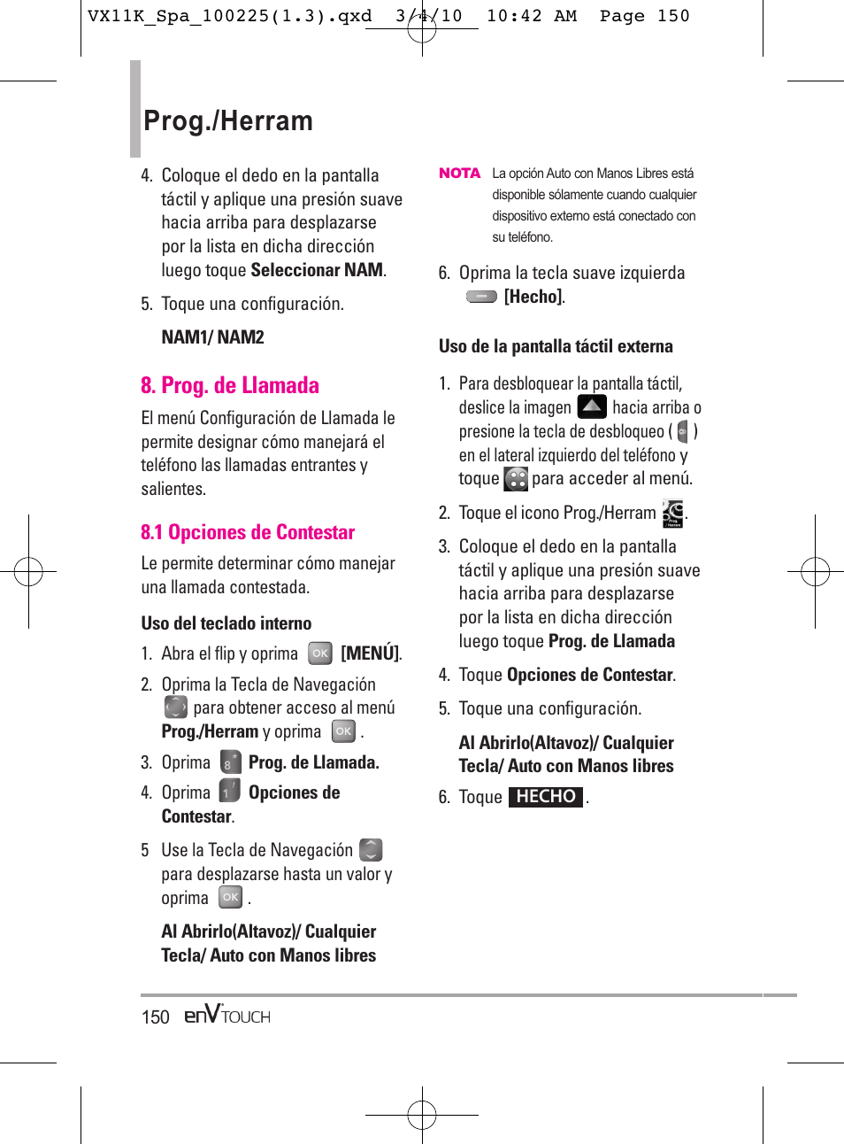 Prog./herram, Prog. de llamada | LG VX11000 User Manual | Page 348 / 398