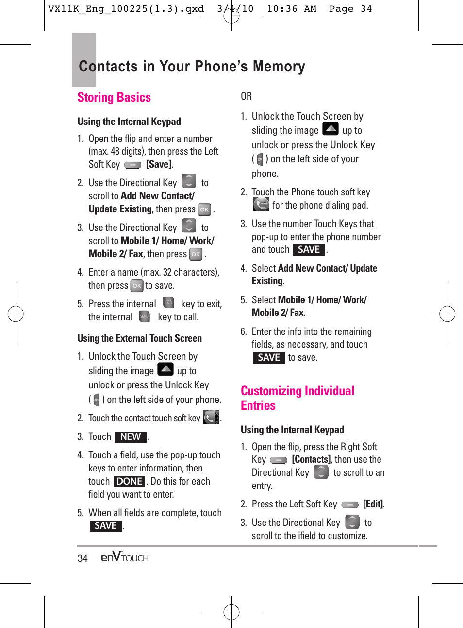 Storing basics, Customizing individual entries | LG VX11000 User Manual | Page 36 / 398