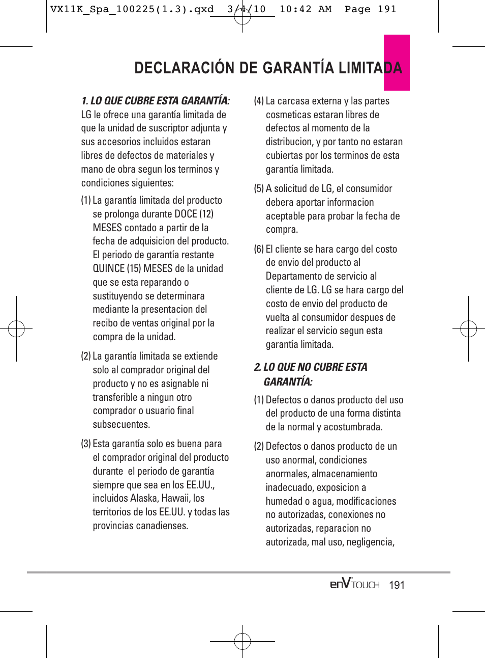 Declaración de garantía limitada | LG VX11000 User Manual | Page 389 / 398