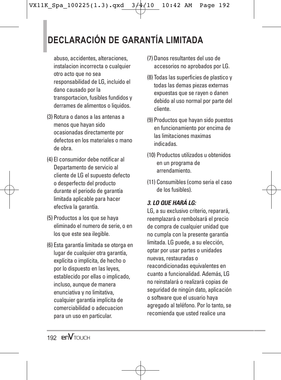 Declaración de garantía limitada safety | LG VX11000 User Manual | Page 390 / 398