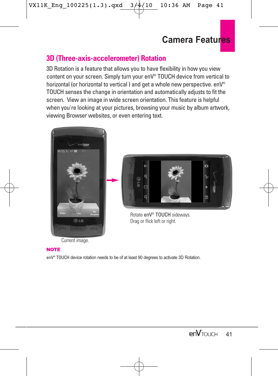 Camera features, 3d (three-axis-accelerometer) rotation | LG VX11000 User Manual | Page 43 / 398