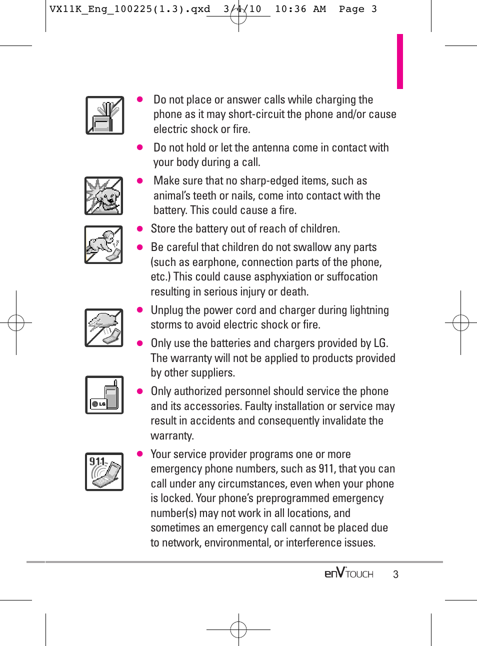 Store the battery out of reach of children | LG VX11000 User Manual | Page 5 / 398