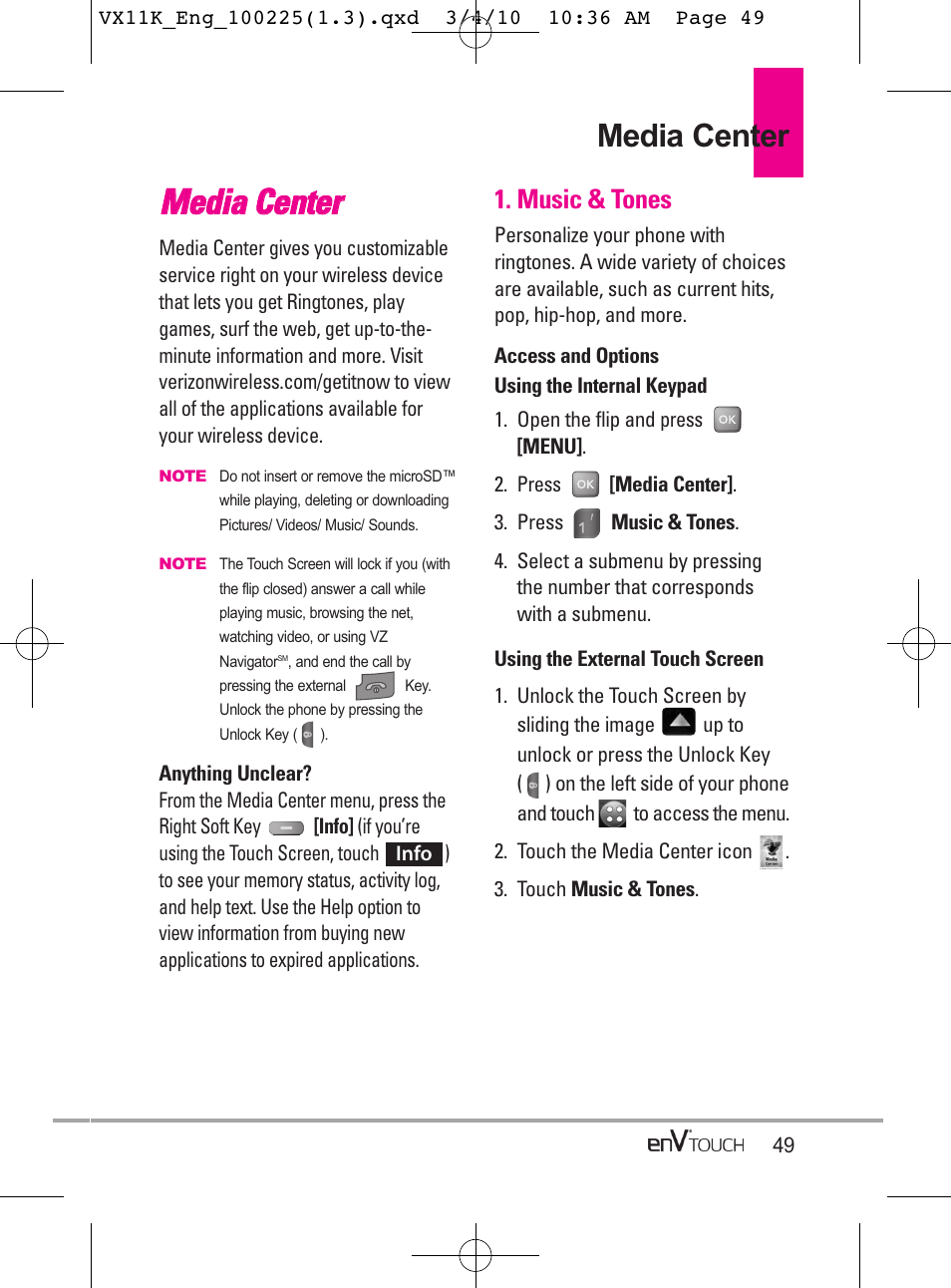 Mme ed diia a c ce en ntte err, Media center, Music & tones | LG VX11000 User Manual | Page 51 / 398