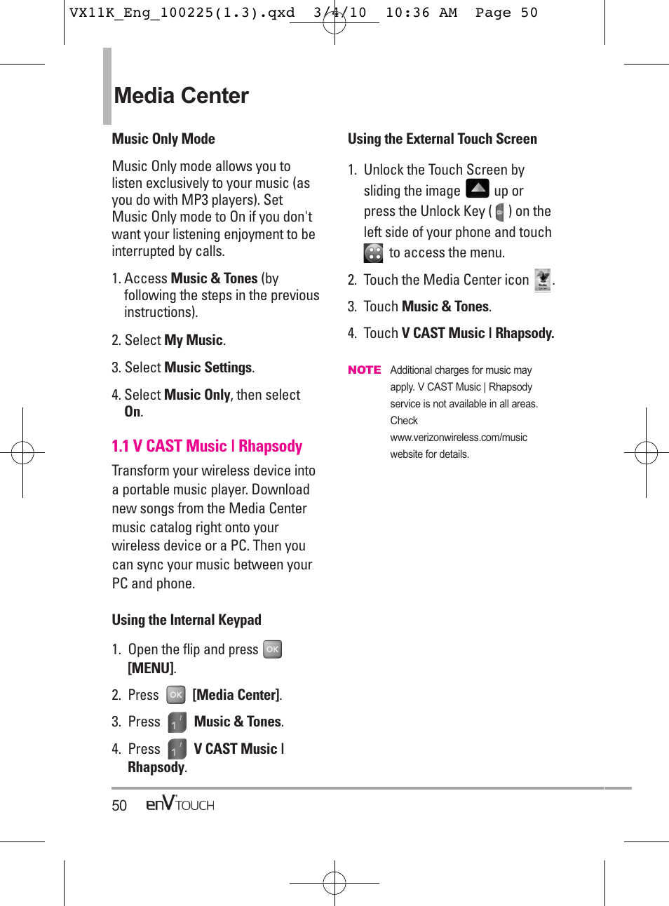 Media center, 1 v cast music | rhapsody | LG VX11000 User Manual | Page 52 / 398