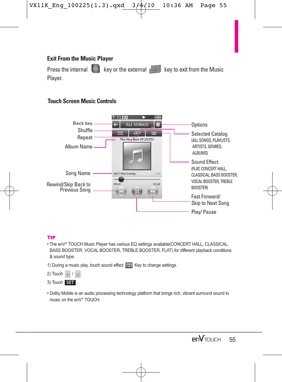 55 touch screen music controls | LG VX11000 User Manual | Page 57 / 398