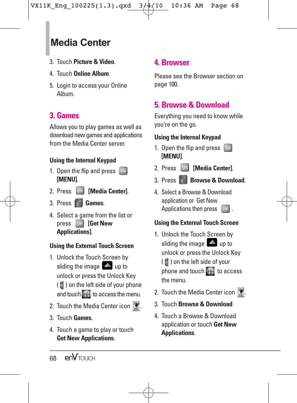 Media center, Games, Browser | Browse & download | LG VX11000 User Manual | Page 70 / 398