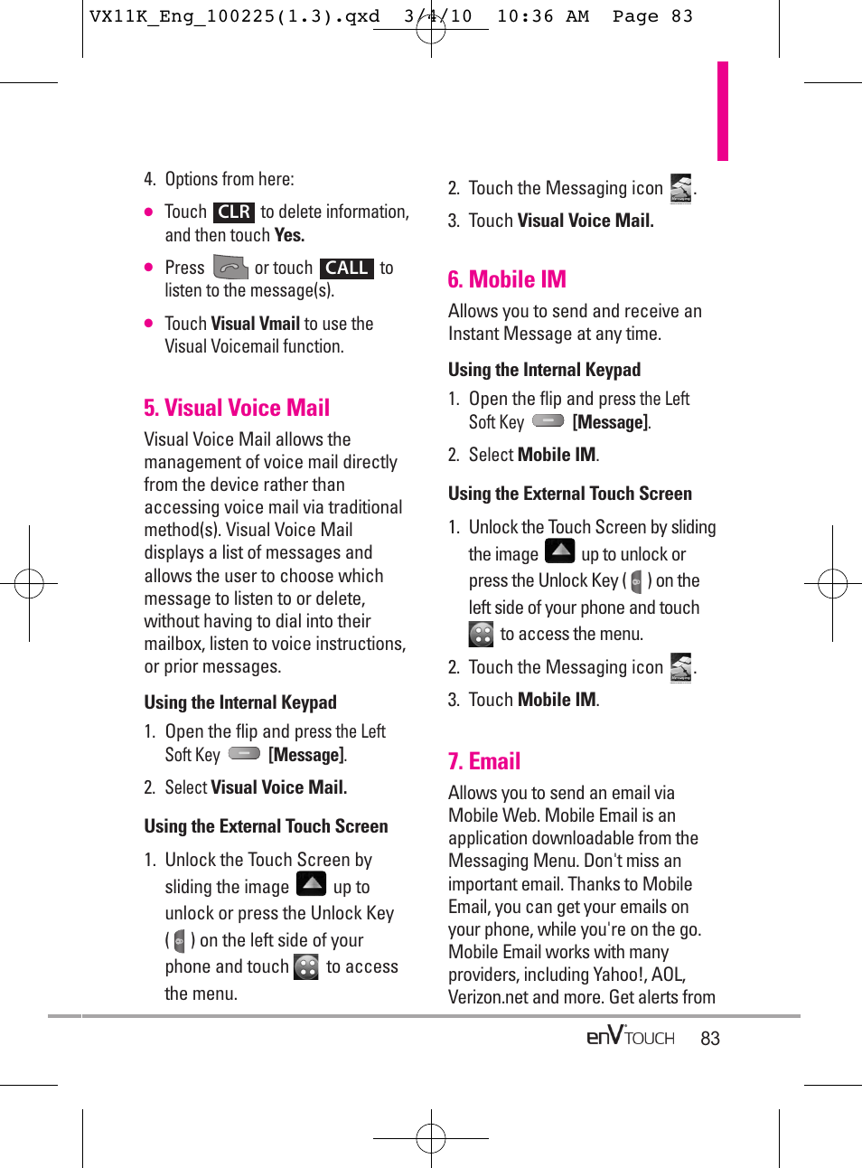 Visual voice mail, Mobile im, Email | LG VX11000 User Manual | Page 85 / 398