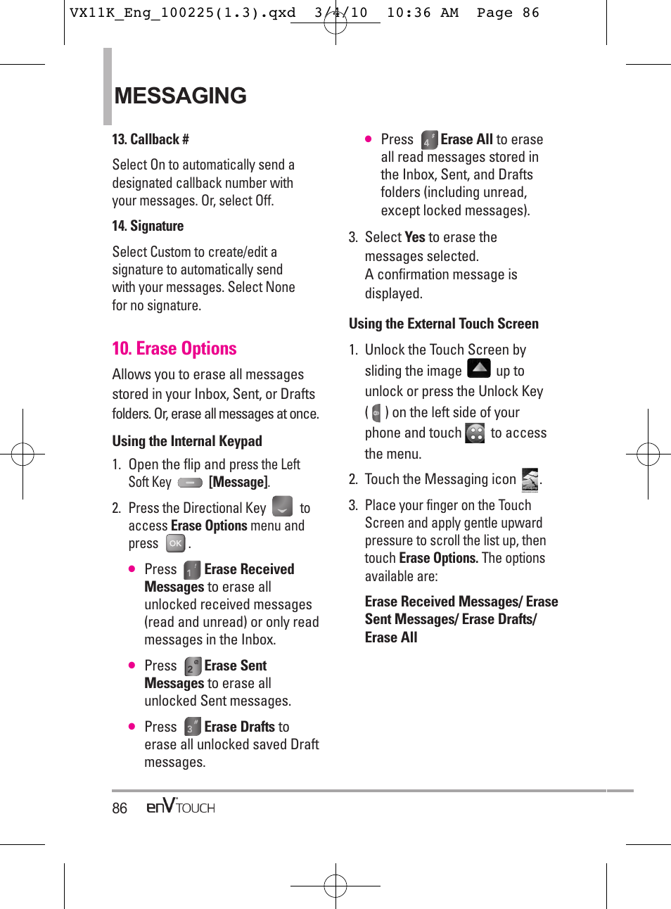 Messaging, Erase options | LG VX11000 User Manual | Page 88 / 398