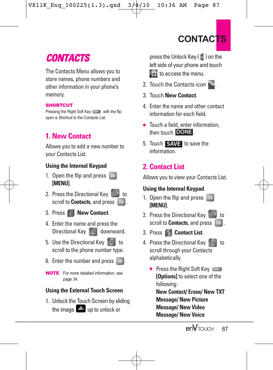 Cco on nt ta ac ct ts s, Contacts, New contact | Contact list | LG VX11000 User Manual | Page 89 / 398