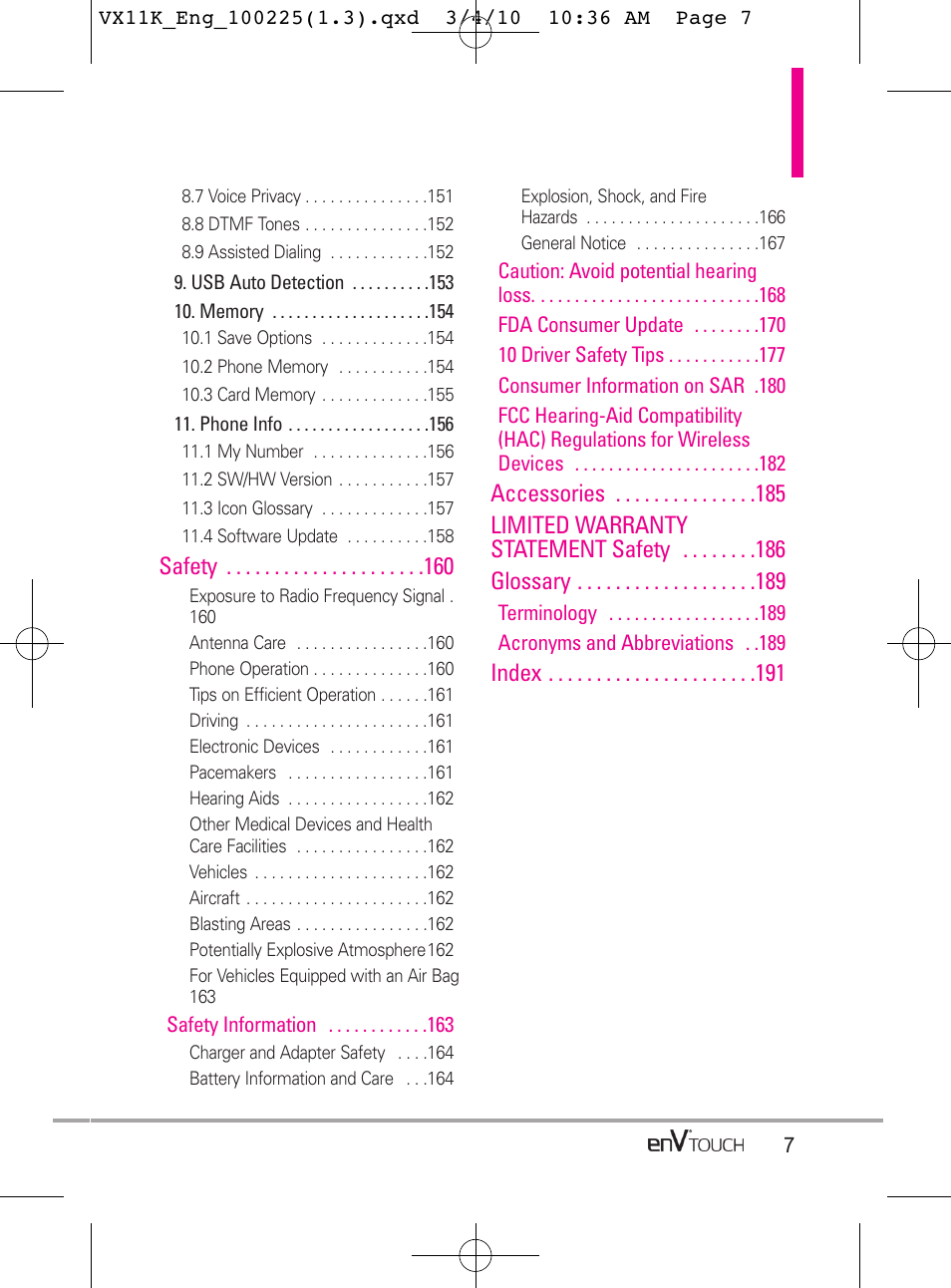 Safety, Index | LG VX11000 User Manual | Page 9 / 398